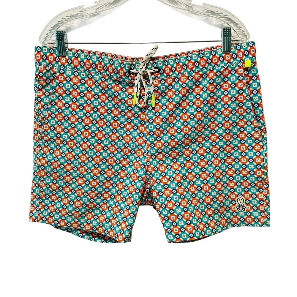 Psycho Bunny Floral Swim Trunks Coral Blue Print Drawstring Shorts Men’s S